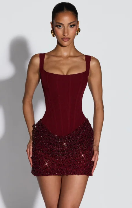 CapitalClothes - Aurelia Sequin Mini Dress Burgundy